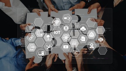 A diverse group of individuals collaborating enthusiastically on a digital project, surrounded by technology icons representing innovation and modern business trends. Raster