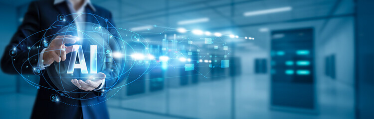 Businessman hand hold AI, machine learning, neural networks, natural language processing,...