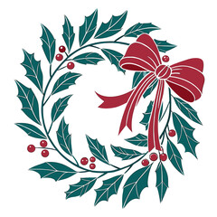 Christmas wreath with red bow and holly leaves red berries