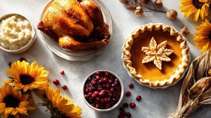 Fototapeta premium Deliciously roasted whole turkey and pumpkin pie surrounded by autumnal decorations for a festive thanksgiving feast