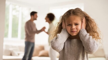 Little Girl Covering Ears in Living Room Amid Parental Dispute
