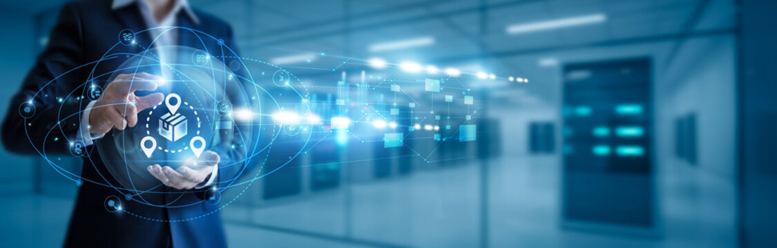 Businessman hand hold distribution, supply chain logistics, product delivery, wholesale management, retail distribution, inventory systems, e-commerce shipping, logistics automation