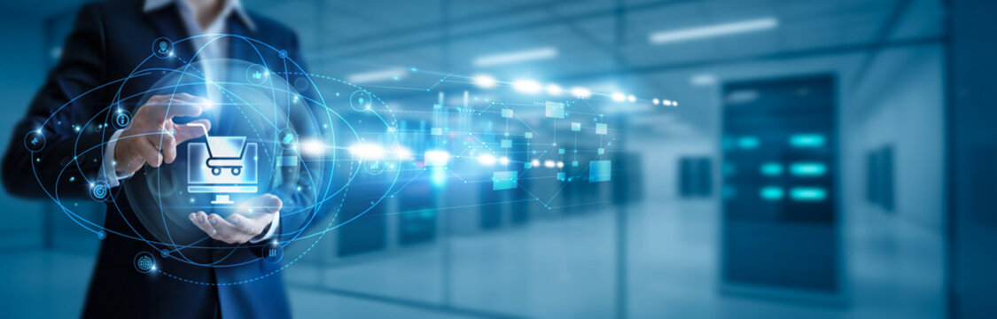 Businessman hand hold e-commerce, online shopping platforms, digital retail, product catalogs, secure payment gateways, omnichannel sales, marketplace solutions, cross-border trade