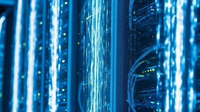 Rows of data servers with blinking lights and cables in a data center