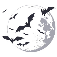 Dark bats flying across a pale full moon night