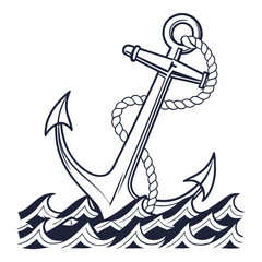 Dark blue anchor with rope on stylized waves nautical
