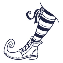 Dark blue elf shoe with curly tip and striped sock
