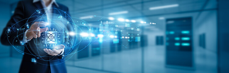 Businessman hand hold quantum computing, quantum algorithms, high-performance computing,...