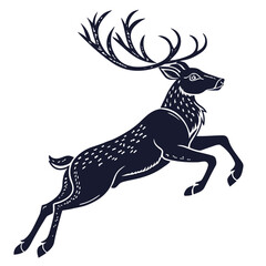 Dark blue reindeer silhouette jumping with antlers