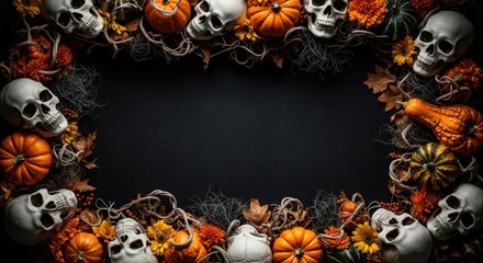 Halloween frame with skulls, pumpkins, and flowers for spooky decoration