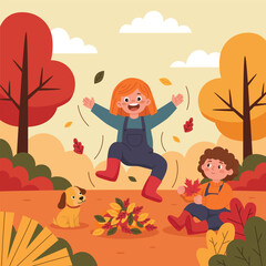 Autumn season illustration poster design with childrens playing in the park with dog, falling leaf for social media post, banner, or presentation.