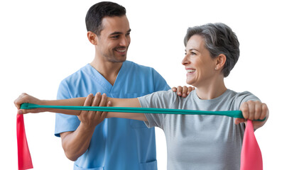 Physical therapist assisting a woman with resistance band exercise, isolated on transparent background