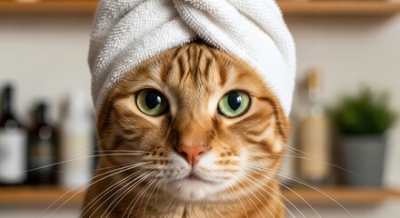 Closeup of a cute ginger tabby cat with a towel on its head after bath