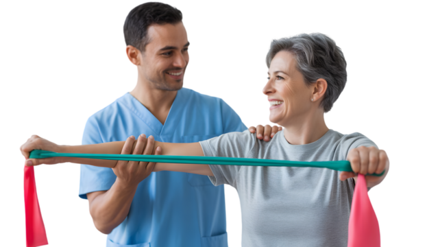 Physical therapist assisting a woman with resistance band exercise, isolated on transparent background
