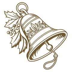 Golden sleigh bell with holly leaves and berries brown