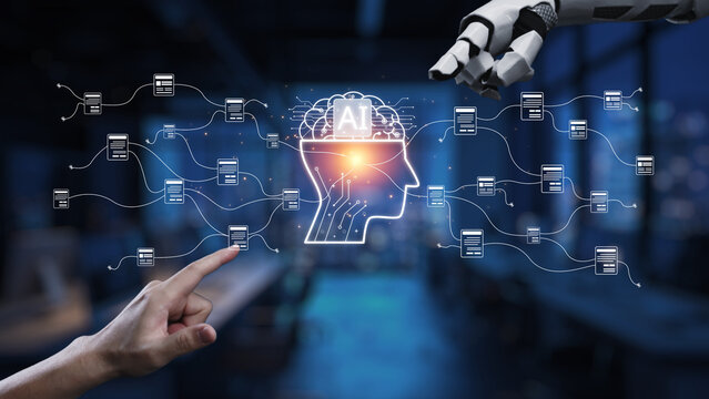 This image illustrates the concept of artificial intelligence merging human intellect with machine capabilities, featuring a robotic arm and a digital brain overlay in a modern office setting. Synapse