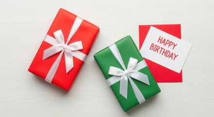Happy birthday gifts with a card isolated on white background