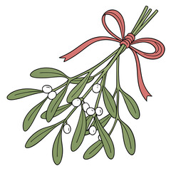 Mistletoe bunch tied with red ribbon illustration