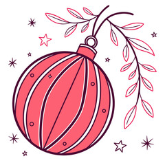 Pink Christmas bauble hanging from branch with stars