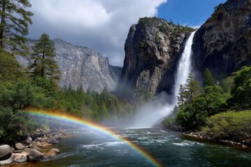 Obraz premium Waterfall cascades in a stunning landscape with a rainbow and mountains in the background