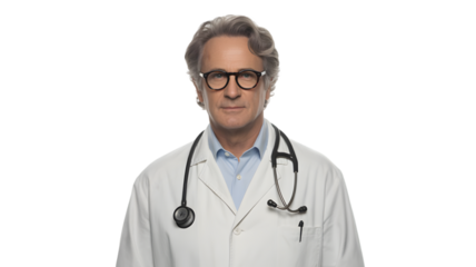 Doctor wearing glasses and stethoscope with lab coat isolated on transparent background