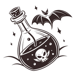 Spooky potion bottle with skull and bat halloween