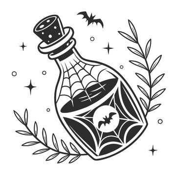 Spooky potion bottle with bat and spiderweb elixir