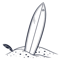 Surfboard standing in sand with feather beach ocean