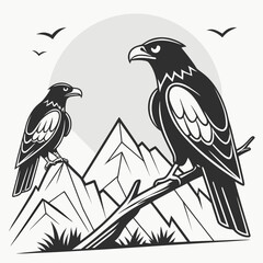 Two eagles perched on mountains with birds flying nature