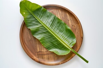 Banana leaf on a circular wooden dish green leaf tropical plant