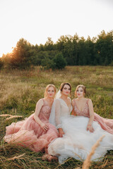 Bride and bridesmaids sitting in a field at sunset. Elegant pastel dresses, natural beauty, tenderness, and calm wedding moment. Harmony, friendship, and romantic atmosphere captured outdoors