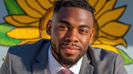A young man of African American descent wears a grey suit and tie while smiling confidently. He is posing in front of a bright sunflower painting on a wall