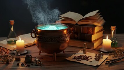 A steaming cauldron with magical ingredients and old books - Powered by Adobe