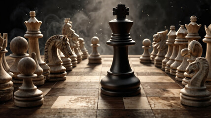 A close-up view of a chessboard with black and white pieces arranged for a game
