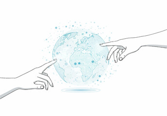 Two hands reaching towards a glowing blue planet earth with watercolor texture.