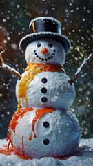 A snowman with a black top hat and orange scarf stands in a snowy landscape