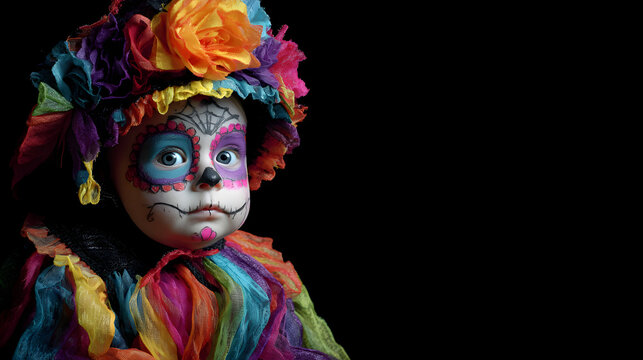 bebe disfrazada de catrina o catrin colorido para celebrar el dia de muertos sobre un fondo negro con espacio de copia dise&ntilde;o artistico 