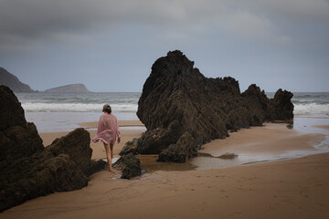 View of Are Grande Beach in O Vicedo. Western Mariña, Mariña Lucense, Galicia. bather