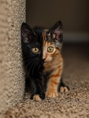 Calico Kitten with Striking Half- Black Half- Orange Face