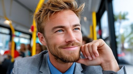 A blond man wearing a blue shirt and grey jacket sits on a bus. He rests his face on his hand and looks out the window, thinking during travel