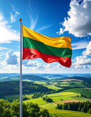 Waving Lithuanian flag over a scenic landscape