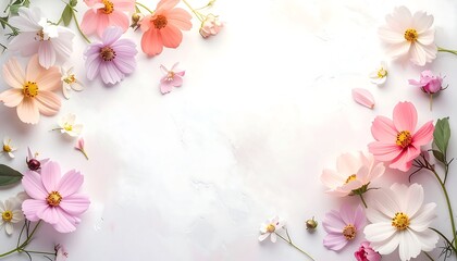 Obraz premium Pastel flowers arranged in a frame on a marble surface