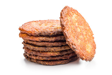 Fried potato pancakes isolated on white background.