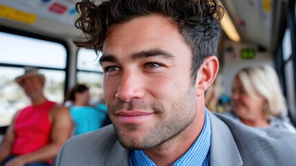 A young man wearing a grey suit and blue shirt is riding a public bus in Los Angeles. Other passengers are visible in the background
