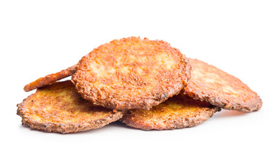 Fried potato pancakes isolated on white background.