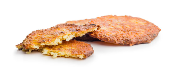 Fried potato pancakes isolated on white background.