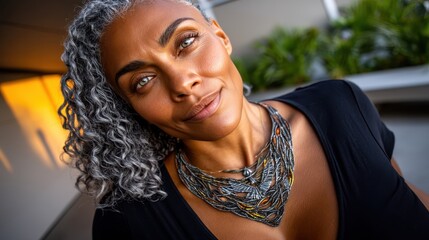 An older woman with gray curly hair and stunning hazel eyes smiles gently, wearing a black top and a beautiful beaded statement necklace in the daytime