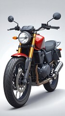 Red and gold motorcycle, front view.  Modern cafe racer style.  Solid,  detailed rendering