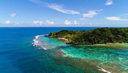 Tropical island cove, vibrant coral reef, azure waters