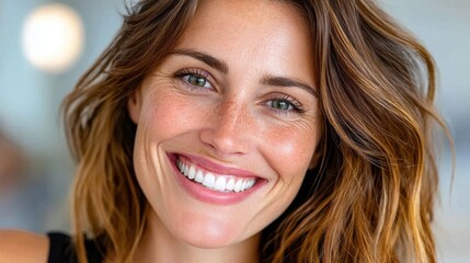 A woman smiles broadly, showcasing her white teeth. Her green eyes and freckles are visible in this close-up portrait. She has light brown hair with highlights